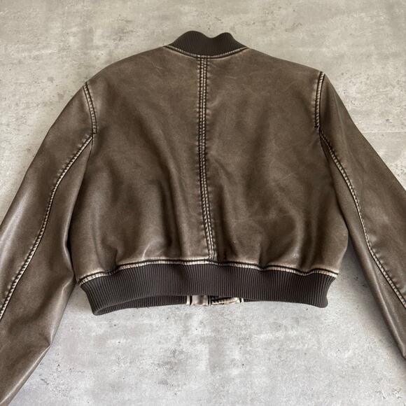 Zara cropped faux leather bomber jacket in distressed brown womens size medium - Picture 3 of 8